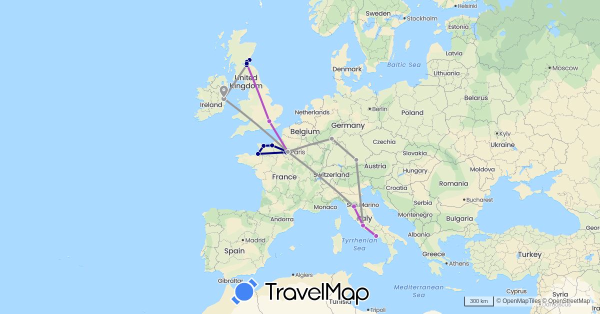 TravelMap itinerary: driving, plane, train in Germany, France, United Kingdom, Ireland, Italy (Europe)